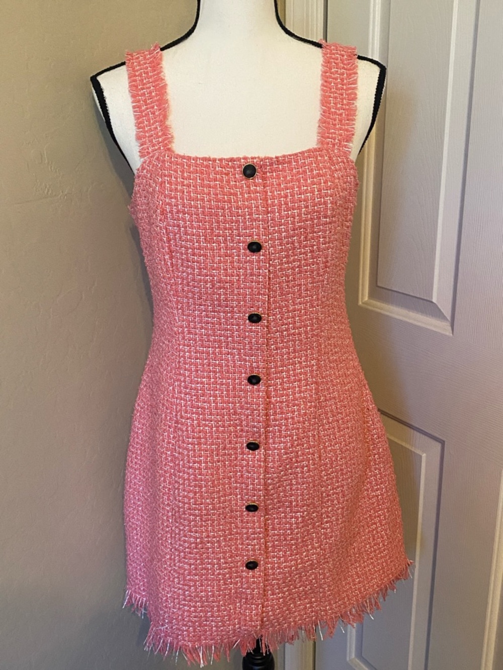 Francesca's Collections Pink Tweed Mini Dress with Button Front + fringe NWT